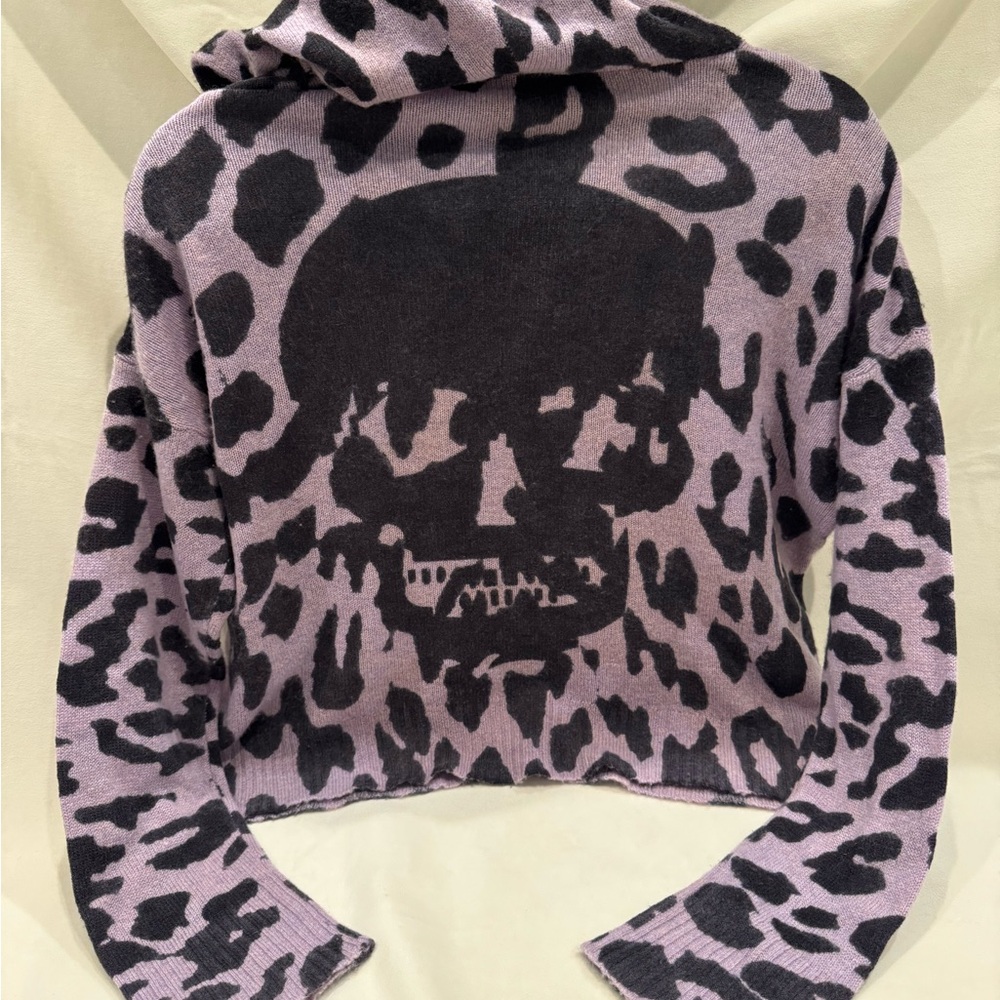 Skull Cashmere Purple and Black Leopard 100% Cashmere Skull Print Sweater